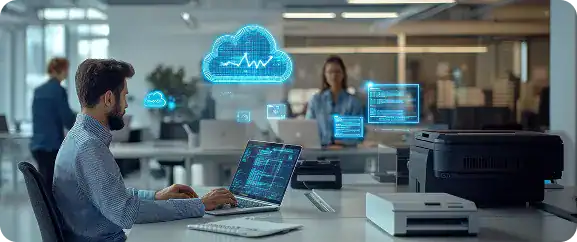 Modern cloud computing technology with digital data and analytics in an office setting.