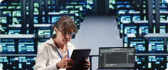 i3solutions Data Center Management Data center technician monitoring servers with tablet in a high-tech facility.