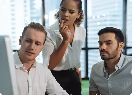 Business team discussing strategies in a modern office setting.