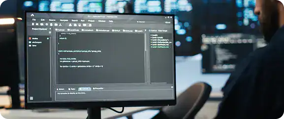 Software developer working on code at i3solutions office.