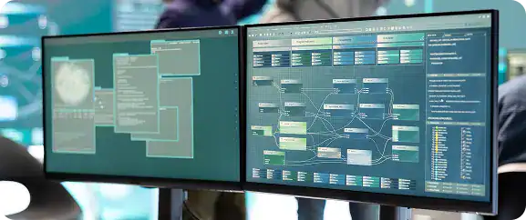 Dual monitor setup displaying network management and cybersecurity dashboards.